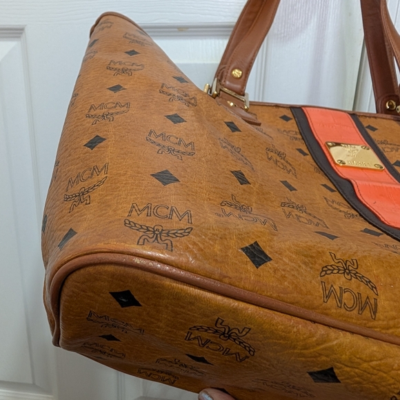 MCM Cognac Logo-Print Limited Ed Tote with Coral Stripe - Picture 4 of 8